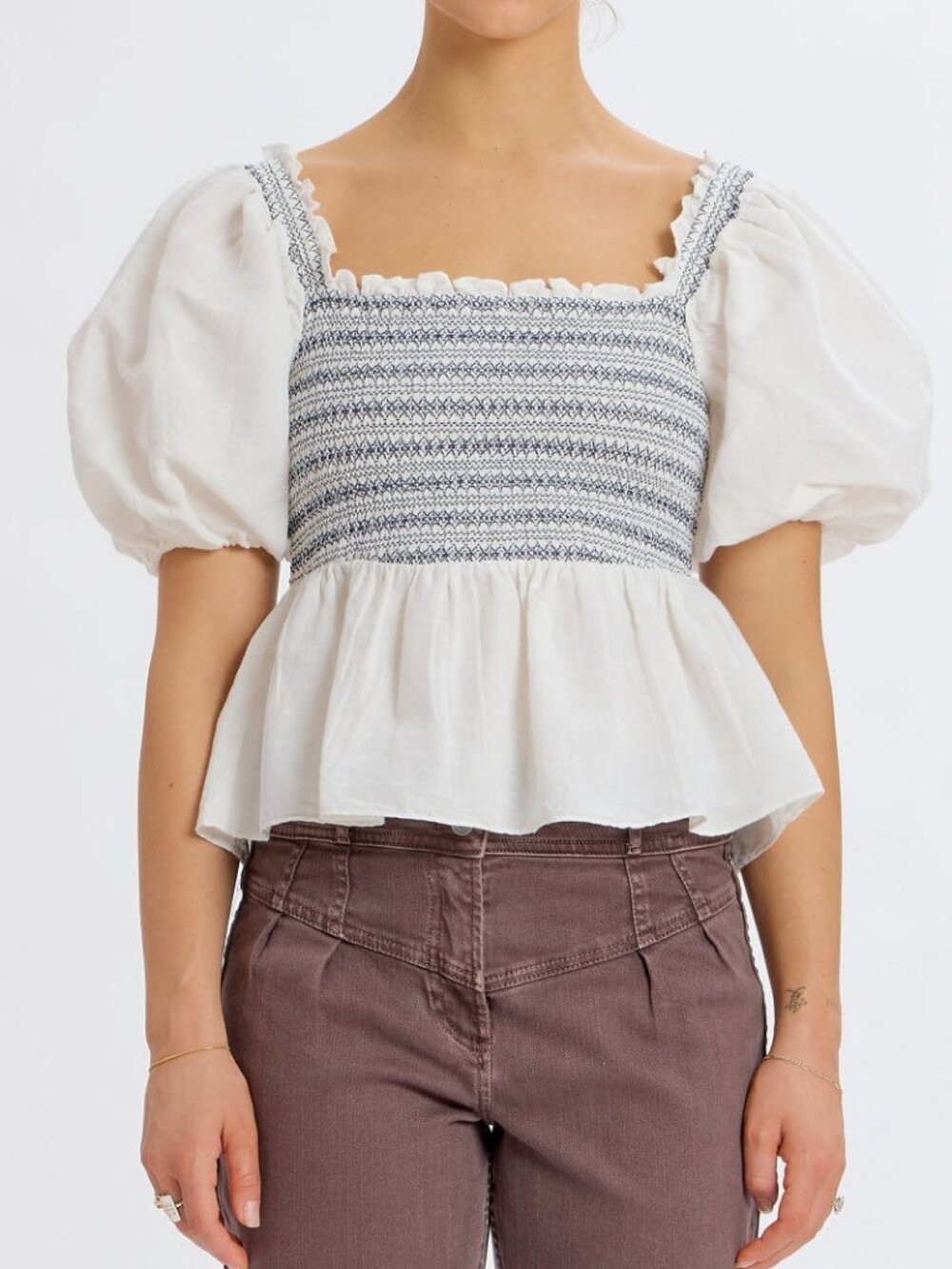 Smocked Puff Shoulder Top - White